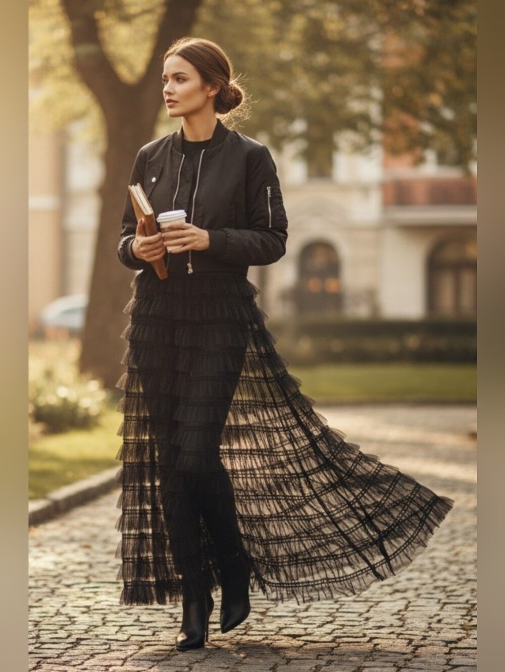Temu Size XXL Black Bomber-Style Spliced Tiered Mesh Skirt Mixed-Media Jacket. Z